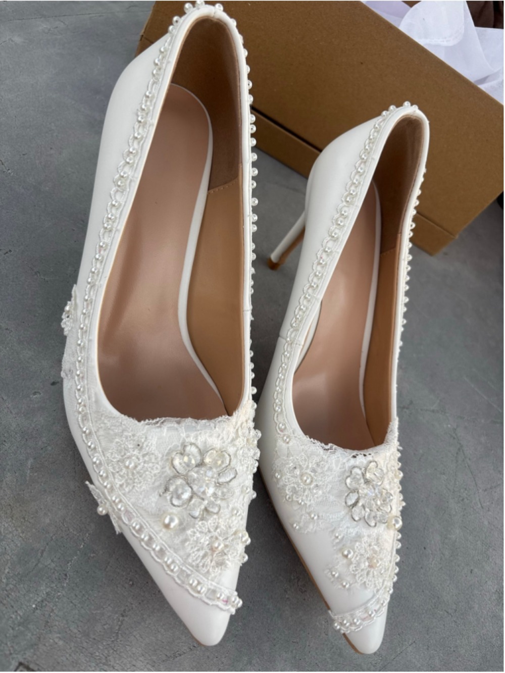 Women's wedding shoes White Pearl Lace Stiletto Heels